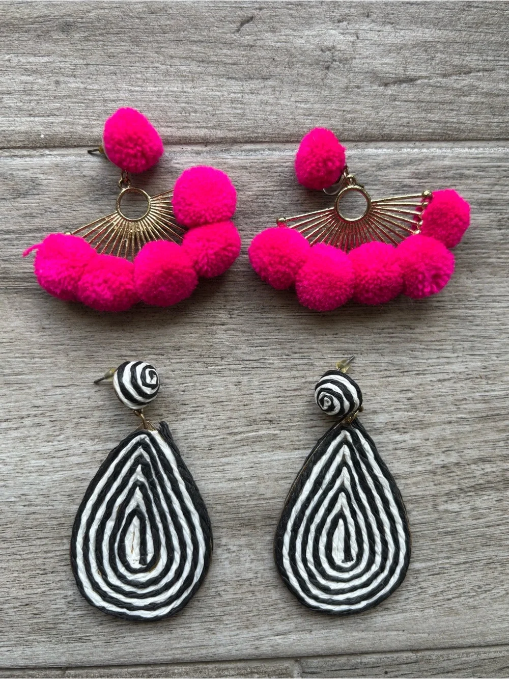 Fuchsia Pom Pom Fan Earrings & Black White Teardrop Duo
